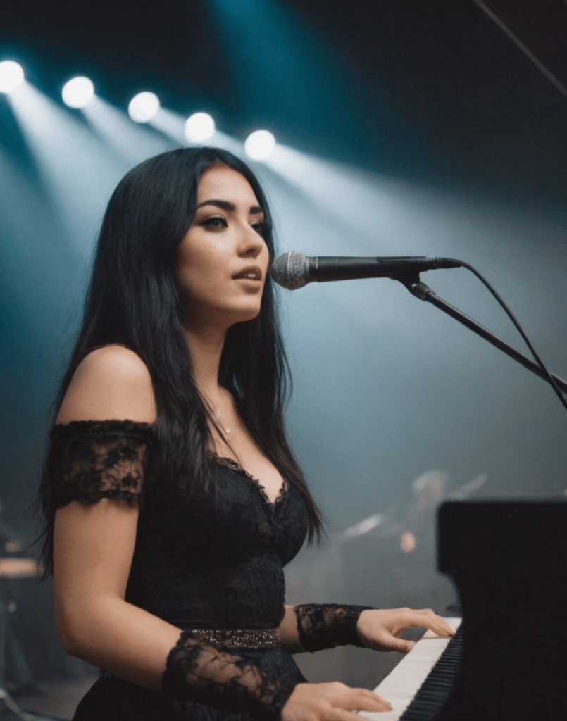 A young woman with long black hair singing into a microphone while playing a piano on stage, dressed in an elegant black outfit with lace details, illuminated by soft stage lights.