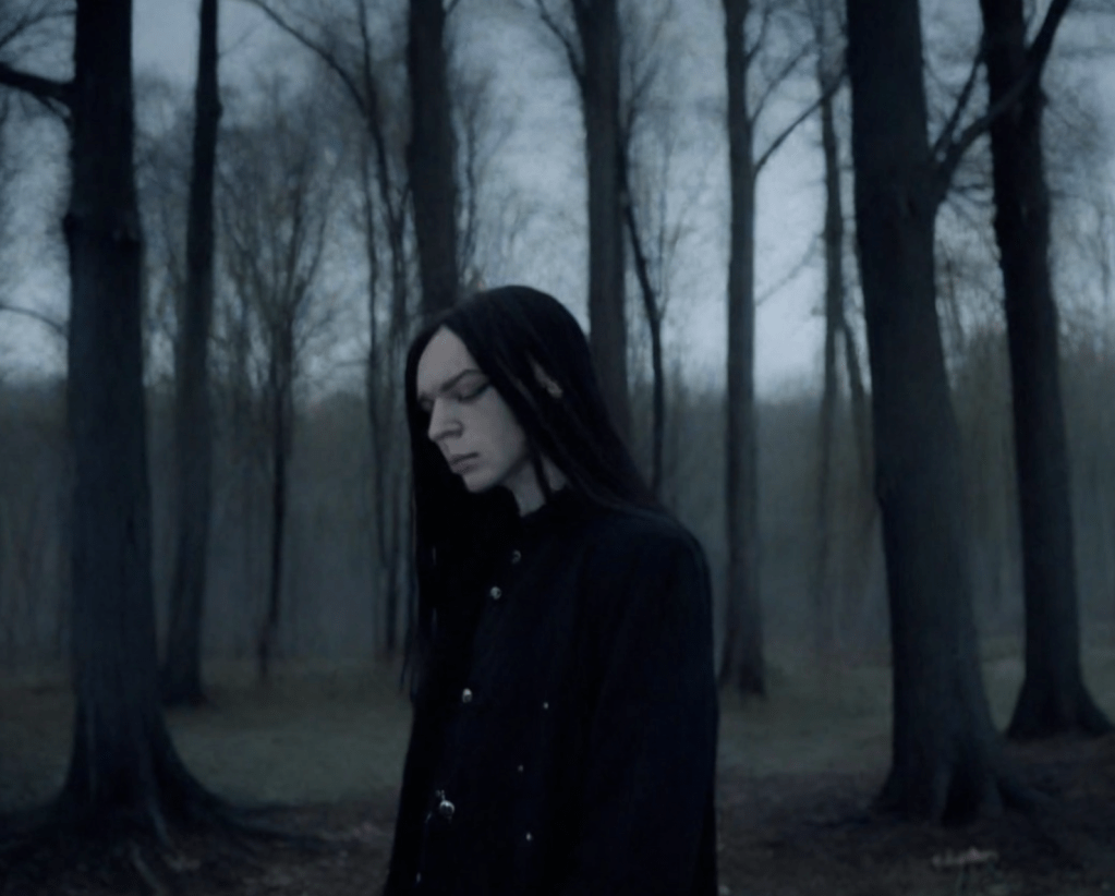 A person with long dark hair stands in a misty forest, looking down, surrounded by bare trees.