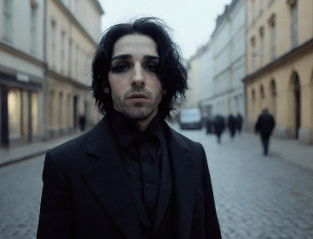 A man with long dark hair and heavy eye makeup stands on a cobblestone street, wearing a black suit. The background features buildings and people walking in the distance under a gray sky.