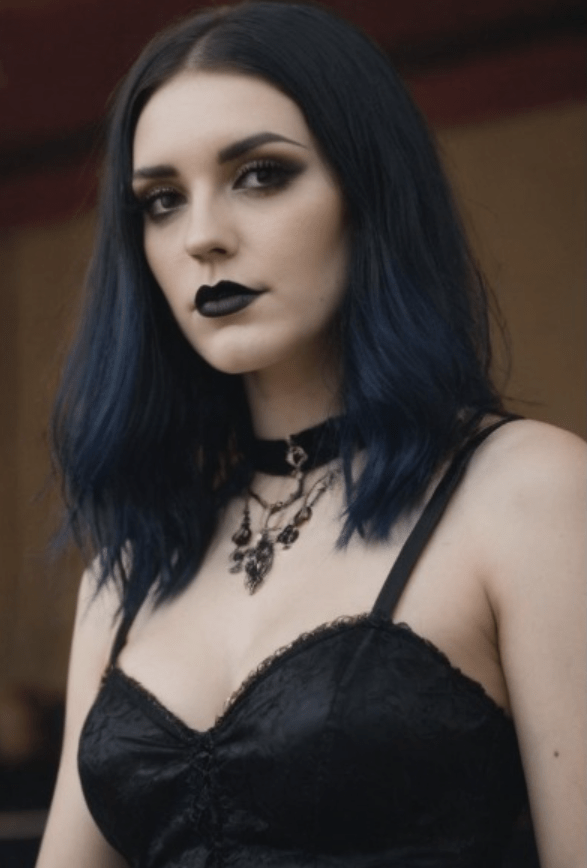 A young woman with long, dark hair featuring blue highlights, wearing dark makeup and black lipstick, dressed in a black lace top with a choker necklace.