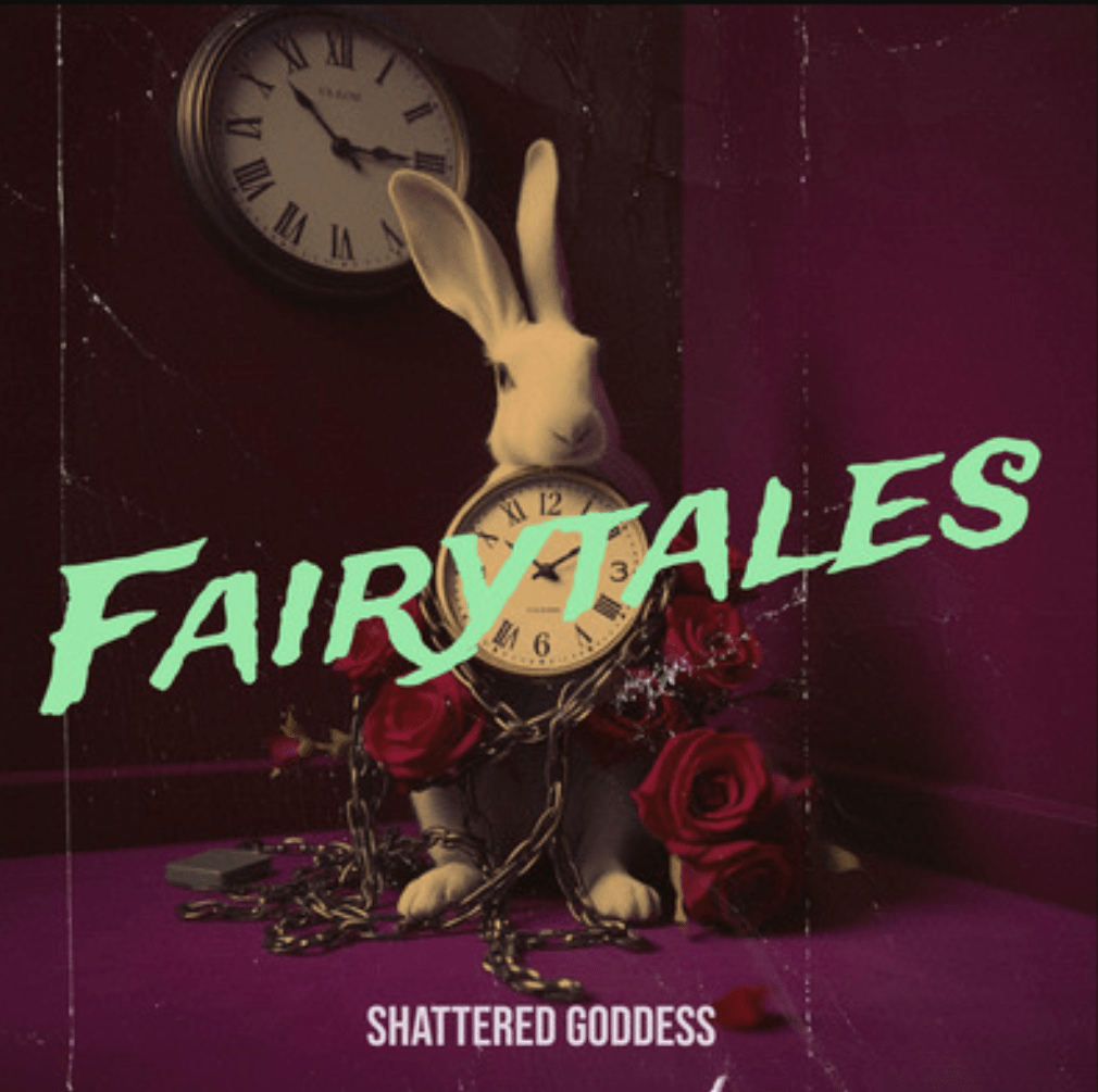 A whimsical image featuring a white rabbit with long ears standing on a clock, surrounded by red roses and chains, with the word 'FAIRYTALES' in bold typography above it.