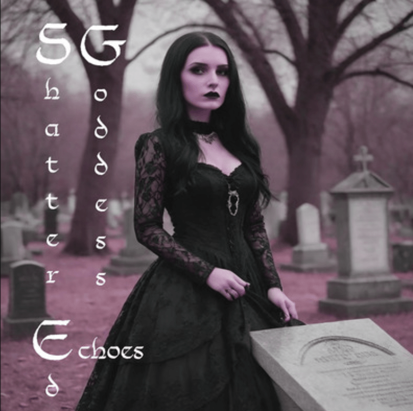A woman in a black Victorian-style dress stands in a cemetery surrounded by tombstones, with a dark and moody atmosphere.