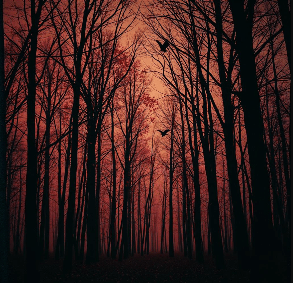 A dark forest with bare trees against a red sky, featuring silhouettes of crows flying in the background.