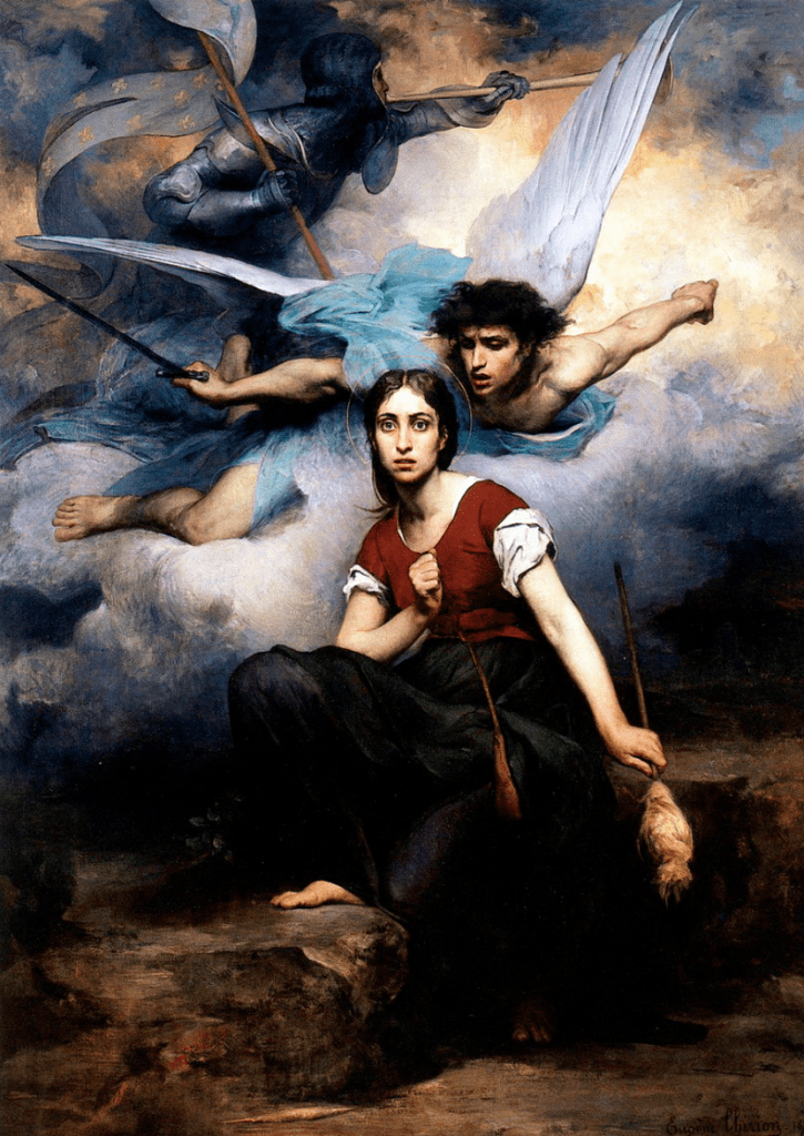 A woman wearing a red bodice and black skirt sits on a rocky surface, looking concerned. Above her, two figures, one dressed as a knight holding a spear and the other as an angel with wings, hover amidst a dramatic sky.